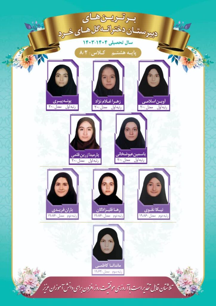رتیه های برتر کلاس8/2 مدرسه گل های خرد